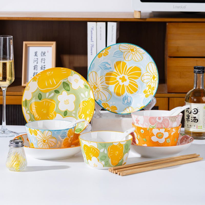 Ceramic Bowl and Plate Dinnerware Set for Home Use, High Aesthetic Value, Dining Bowl and Dish Set for Family of 4, Underglaze Color