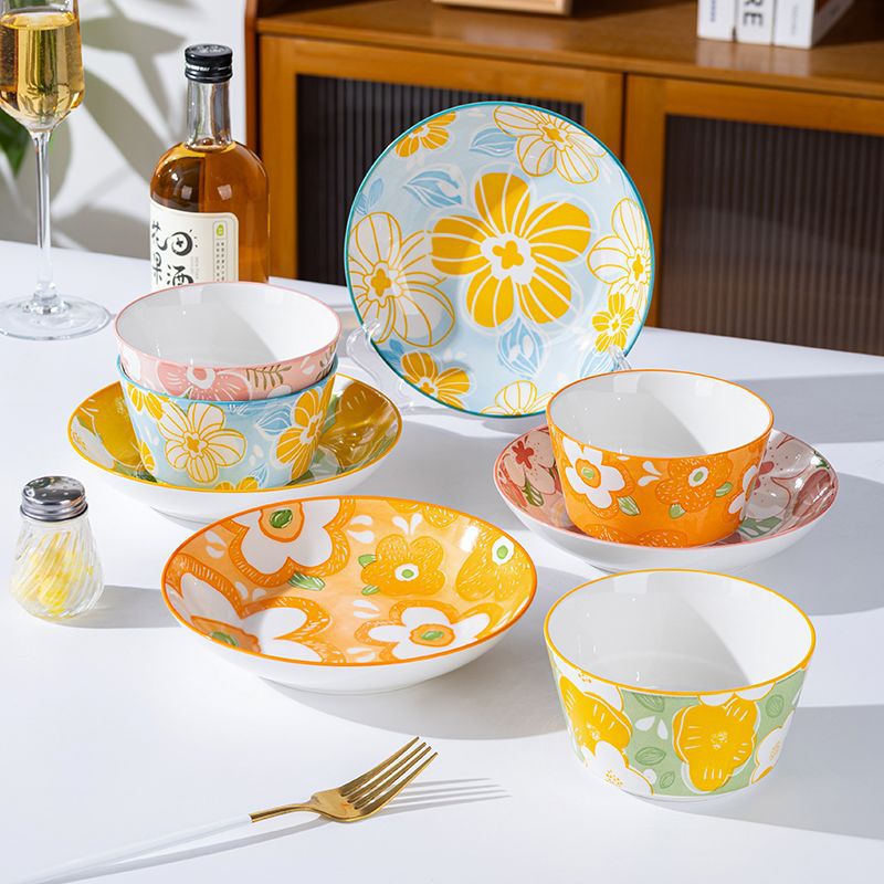 Ceramic Bowl and Plate Dinnerware Set for Home Use, High Aesthetic Value, Dining Bowl and Dish Set for Family of 4, Underglaze Color