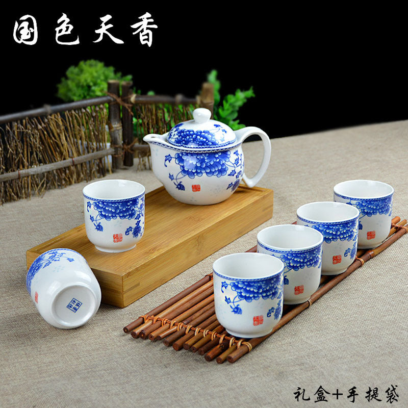 Blue and White Porcelain Set, One Pot, Six Cups, Flat Cup, Kung Fu Tea Set, Company Advertising Conference, Business Practical