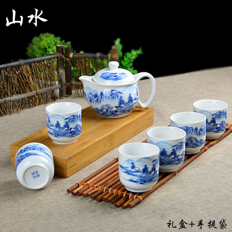 Blue and White Porcelain Set, One Pot, Six Cups, Flat Cup, Kung Fu Tea Set, Company Advertising Conference, Business Practical