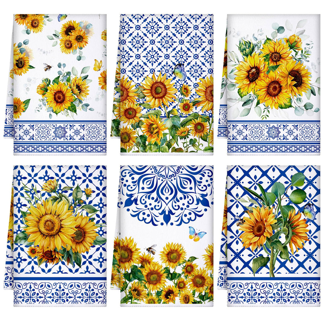 Geyoga 6 Pieces Blue and White Porcelain Kitchen Towels Set Dish Hand Towel Absorbent Tea Towels for Christmas Winter Kitchen Bathroom Home Decor 16 x 24 Inch (Blue White Yellow)